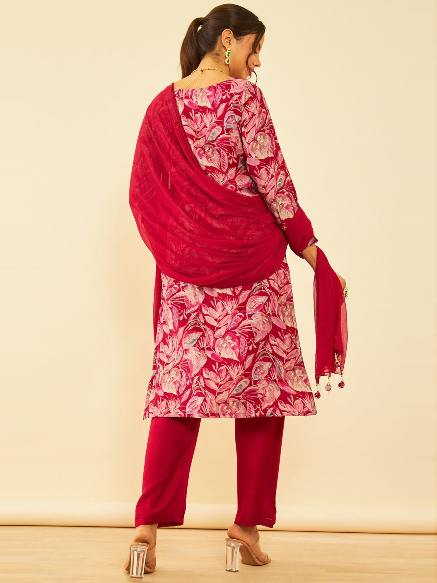 Soch Red Floral Print Unstitched Dress Material