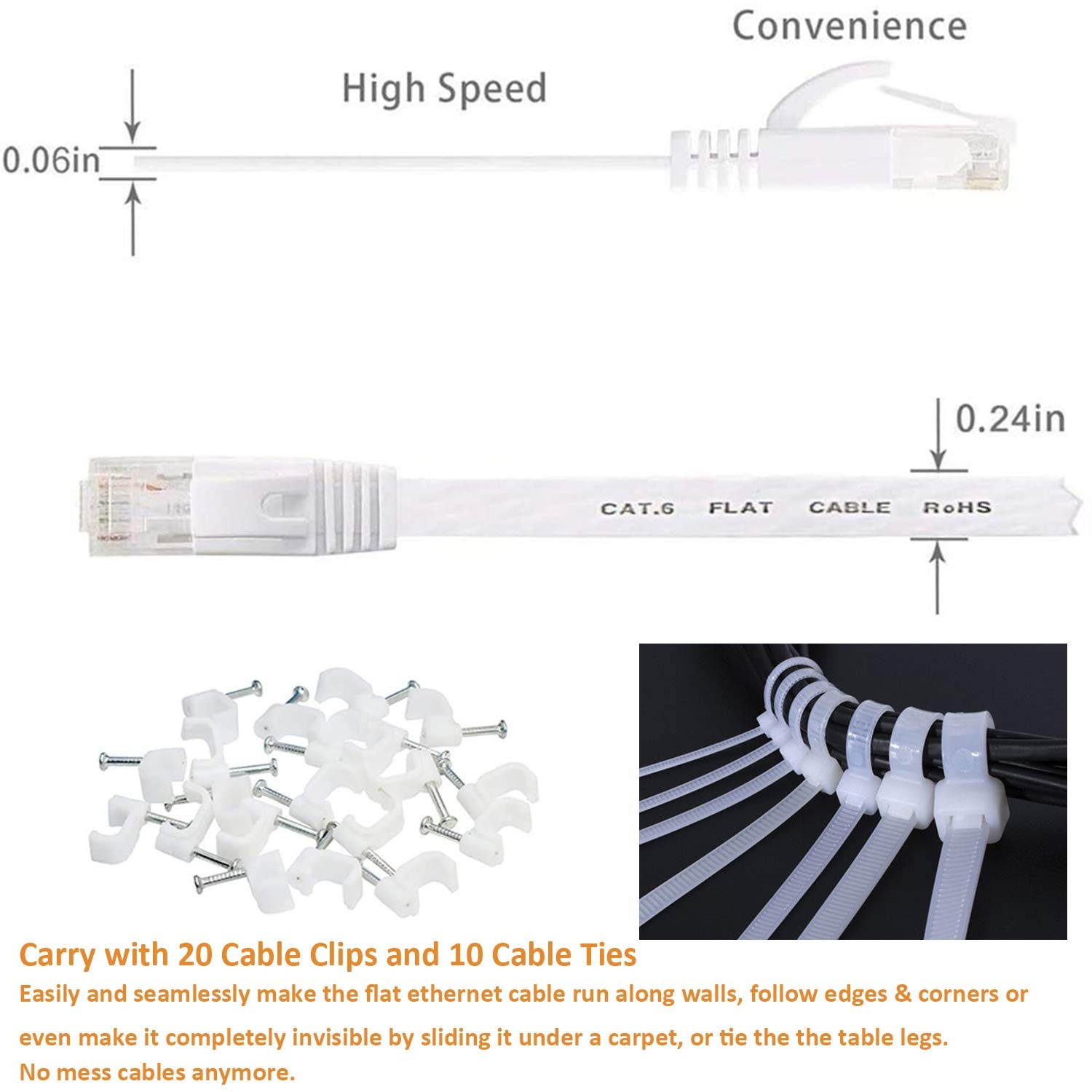 2 PACK Ethernet Cable 50ft DAYEDZ Cat 6 LAN Cable Ethernet Cord Slim Long Flat Computer Internet Patch Cord Wire With clips & Rj45 Connectors for Router Faster than Cat5e/Cat5 50 feet 2 pack white