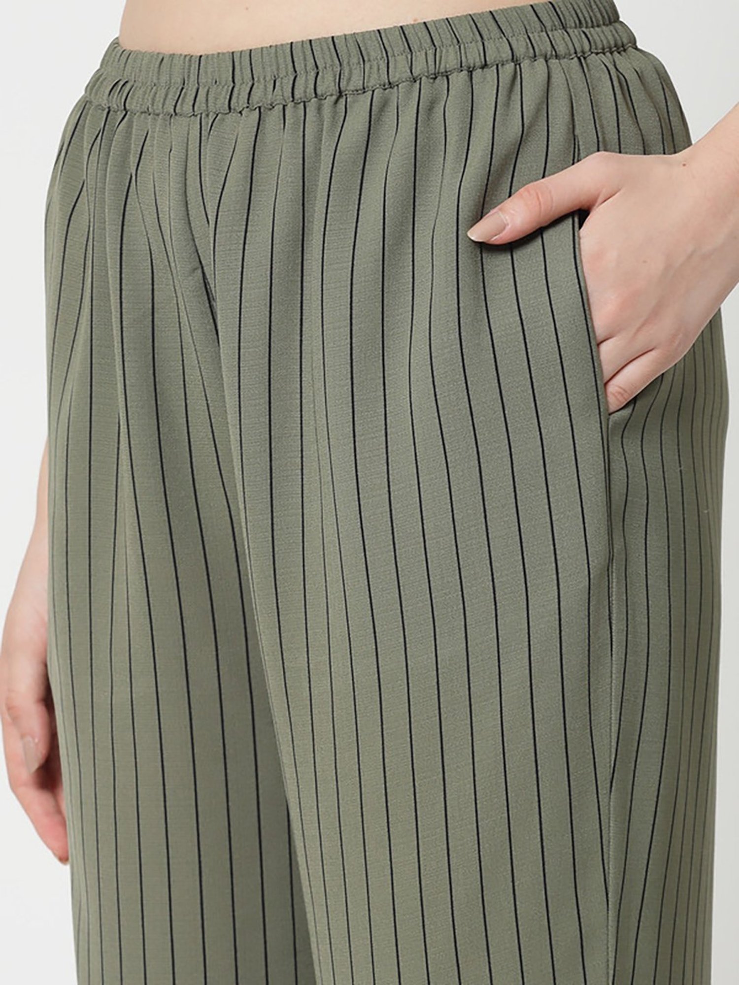 Office & You Olive Striped Regular Fit Mid Rise Trousers