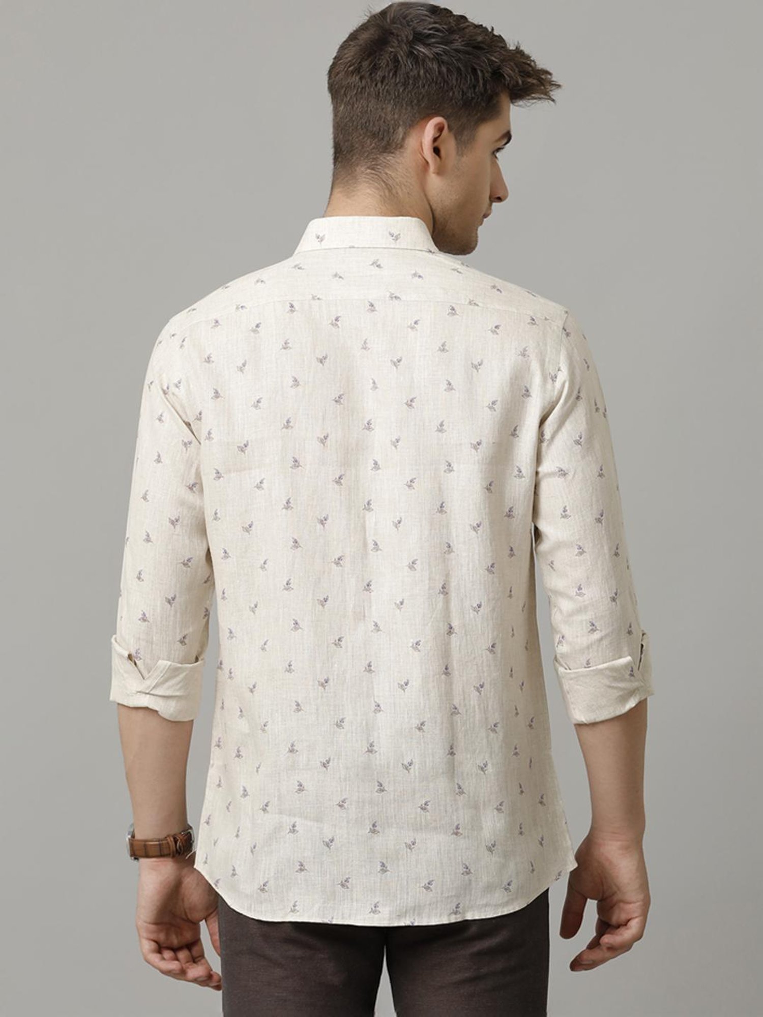 Linen Club Beige Linen Contemporary Fit Printed Shirt
