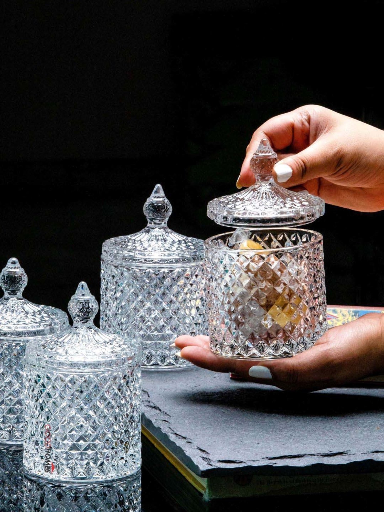 Goodhomes Transparent Glass Candy Jar with Lid (0.28 L) - Set of 4