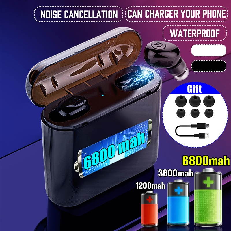 TWS 6800Mah Wireless bluetooth Earphones Waterproof bluetooth 5.0 Earbuds Wireless Headphones Earphones Earbuds for IOS Android - White 3600mah