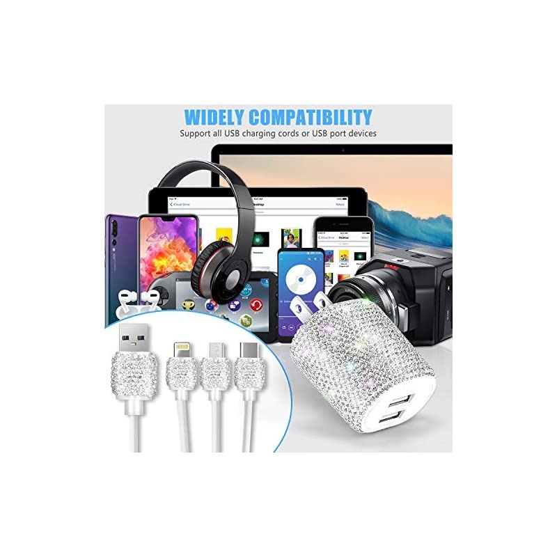 USB Wall Charger with Charging CableFast Block for iPhone Android3in1 Multi Charger Cable Micro USB Type C Multiple USB Cord with Crystal DecorationCell Phone Accessories for WomenGirls