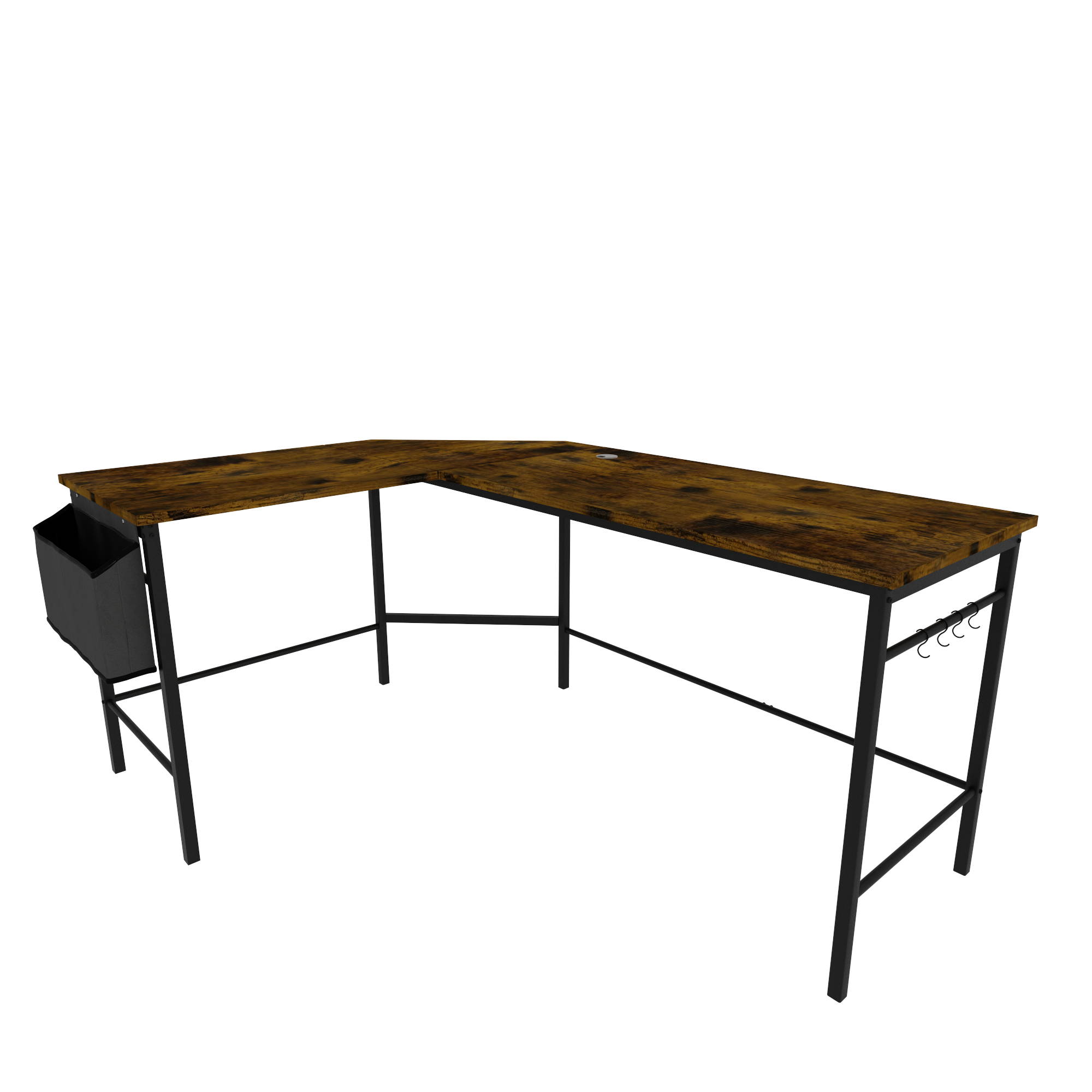 L-Shaped Computer Desk, Large Home Office Desk with Storage Bag and Iron Hook, Industrial Gaming Writing Study Desk, Computer Gaming Desk, Space-Saving Corner Work Station
