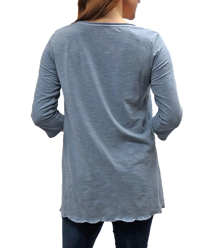 Karyn Seo Mari Vintage Tonal Embroidered V-Neck 3/4 Sleeve Scalloped Hem Cotton Tunic Top