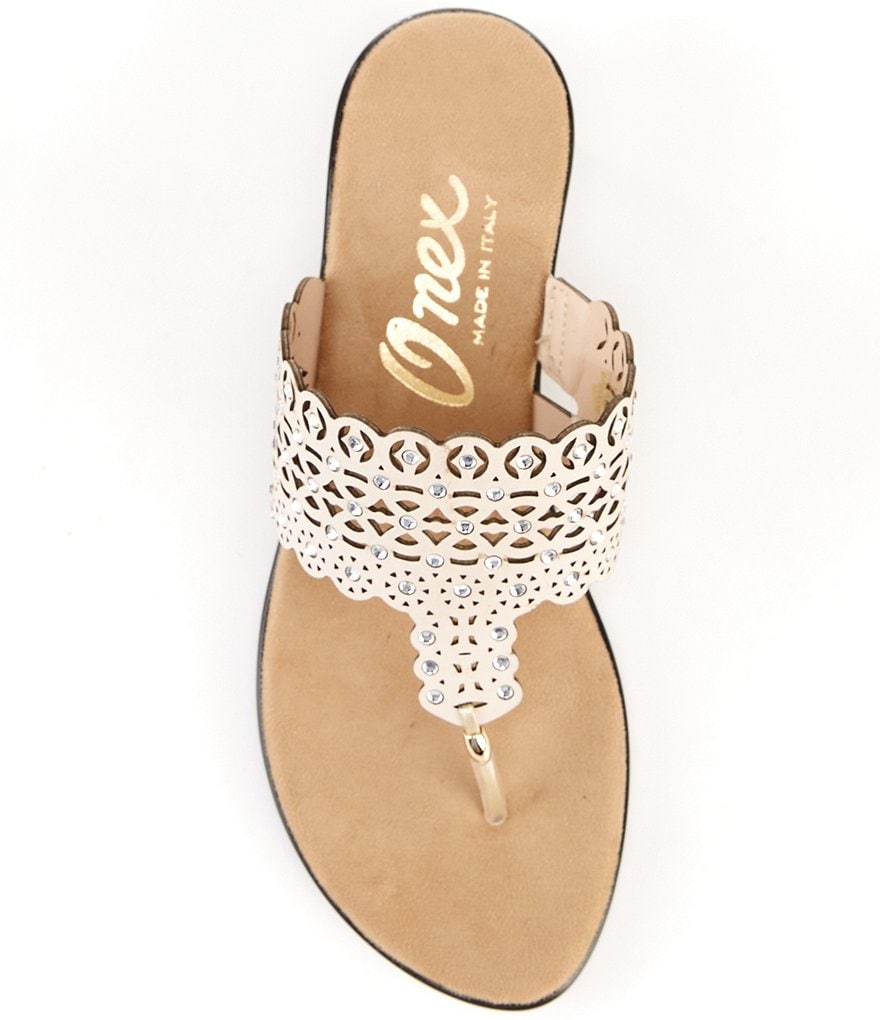 Onex Kelli Lazer Cut Leather Rhinestone Thong Slides