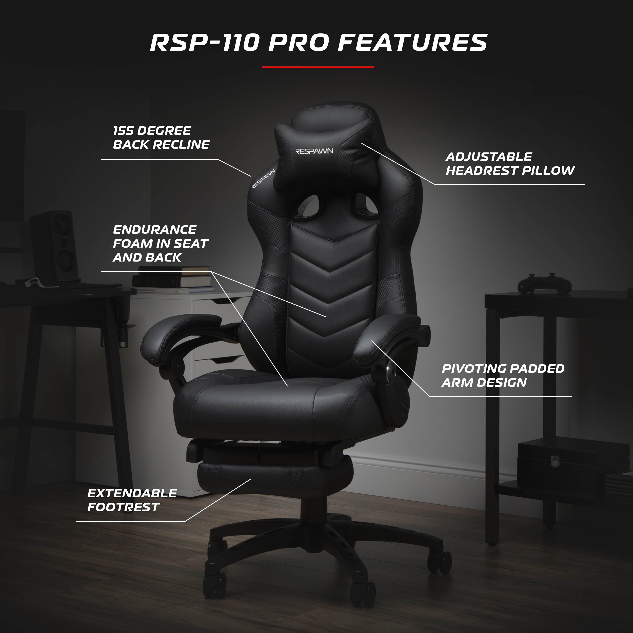 RESPAWN 110 Pro Racing Style Gaming Chair, Reclining Ergonomic Chair with Built-in Footrest, in Black (RSP-110V2-BLK)