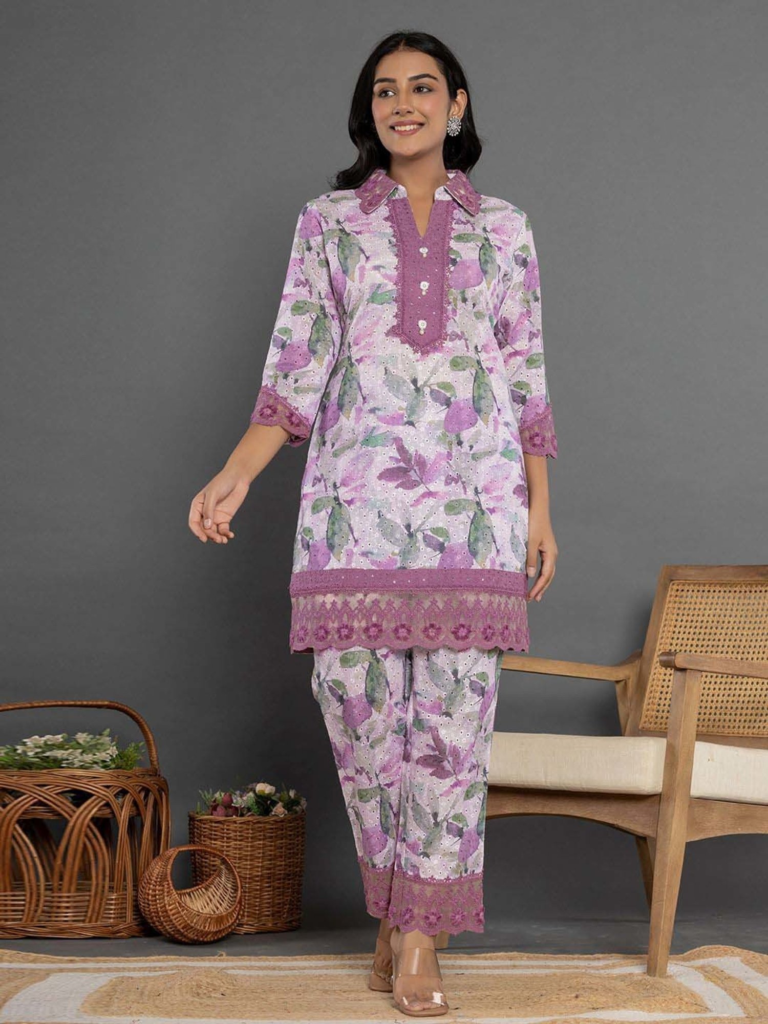 Yufta Purple Cotton Printed Tunic Pant Set