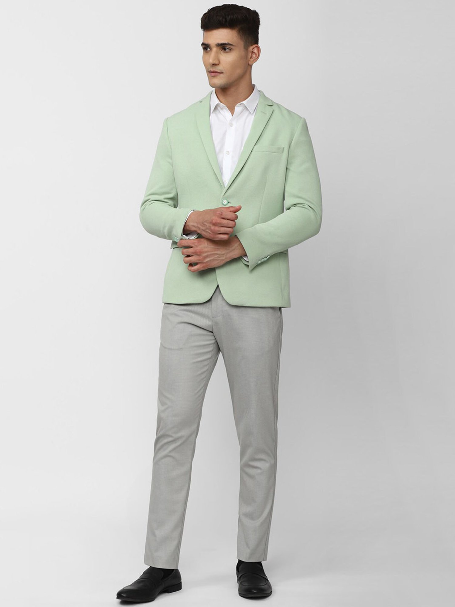 Peter England Mint Green Slim Fit Textured Notch Lapel Blazer