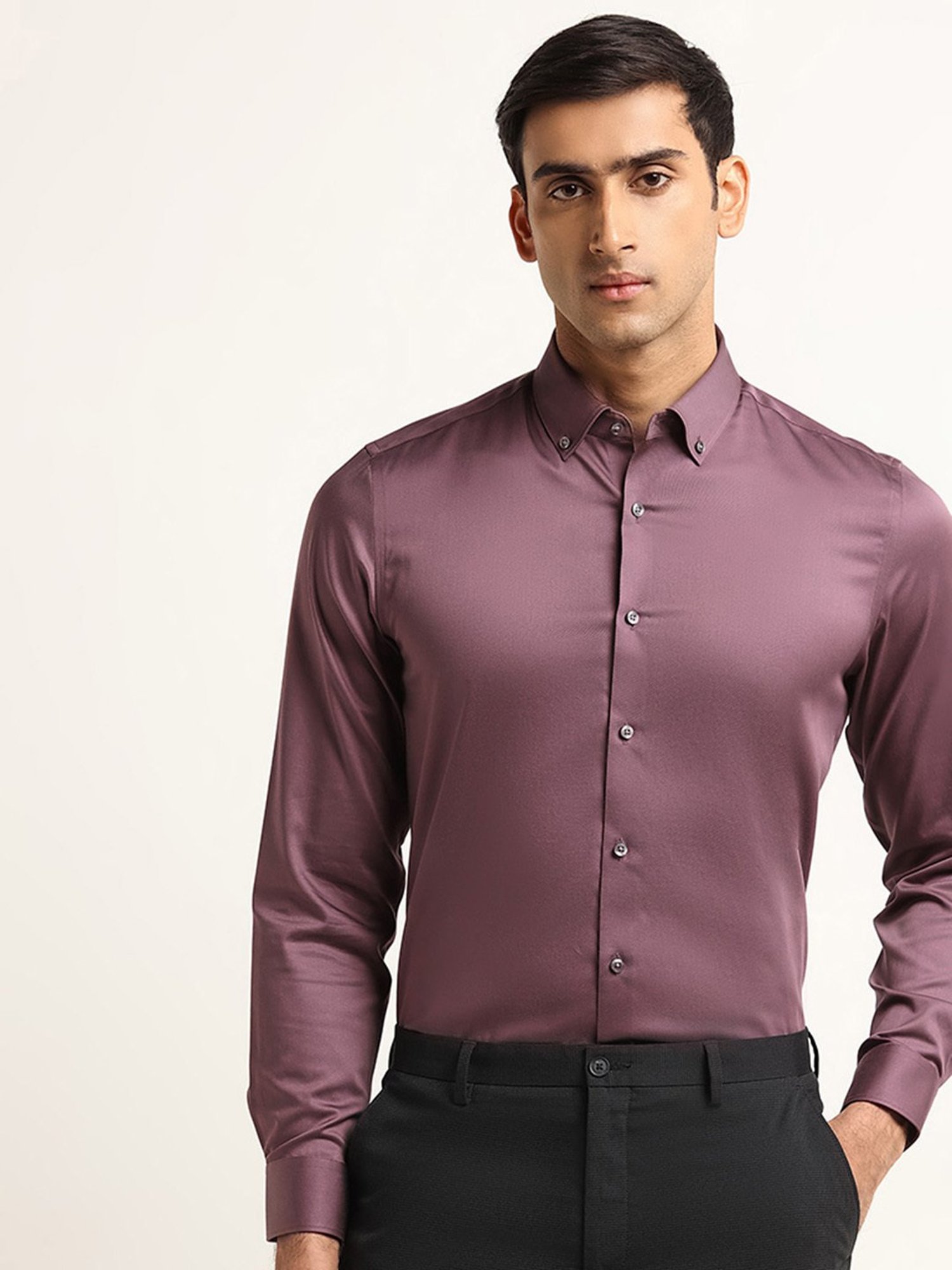 WES Formals by Westside Mauve Solid Slim Fit Shirt