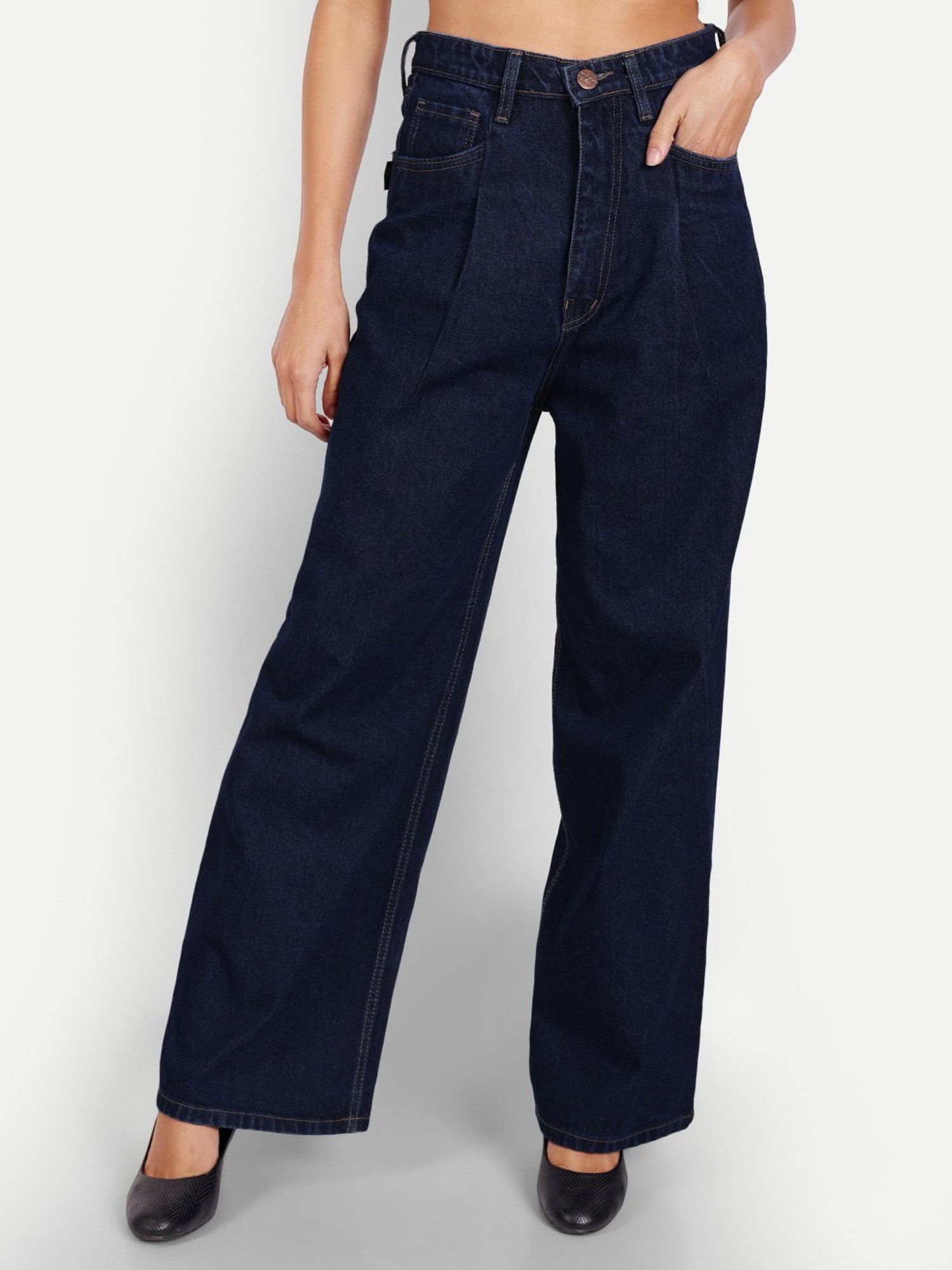 Angelfab Dark Blue Cotton Relaxed Fit High Rise Jeans