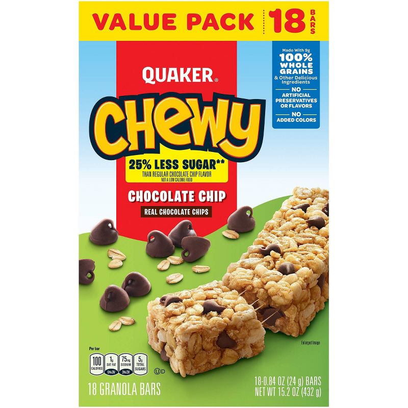 Quaker Chewy Reduced Sugar Choc Chip - 15.2oz/18ct