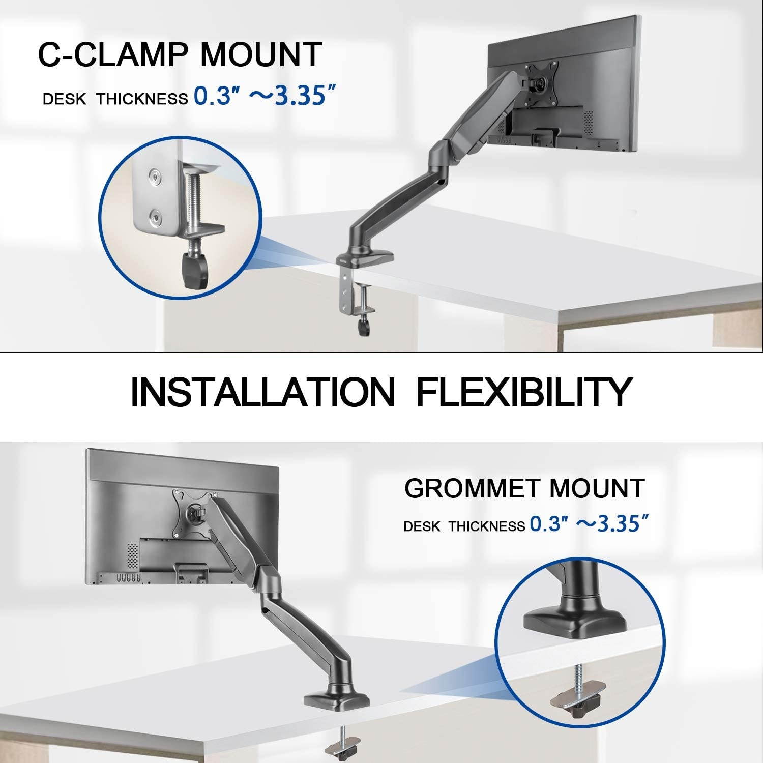 Single Monitor Desk Mount - Articulating Gas Spring Monitor Arm, Adjustable VESA Mount with C Clamp, Grommet Mounting Base, Computer Monitor Stand for Screen up to 32 inch