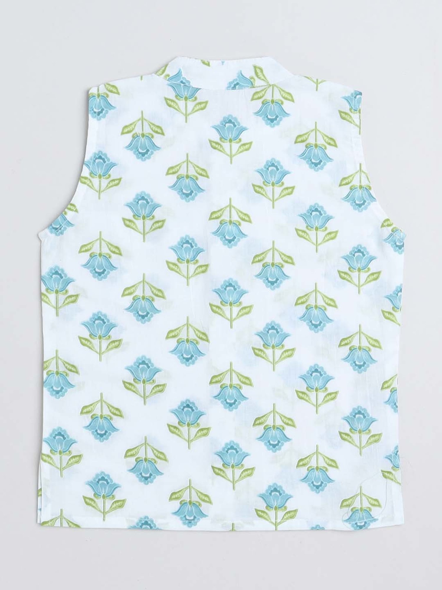 The Magic Wand Kids Turquoise Blue & White Cotton Floral Print Full Sleeves Kurta Set