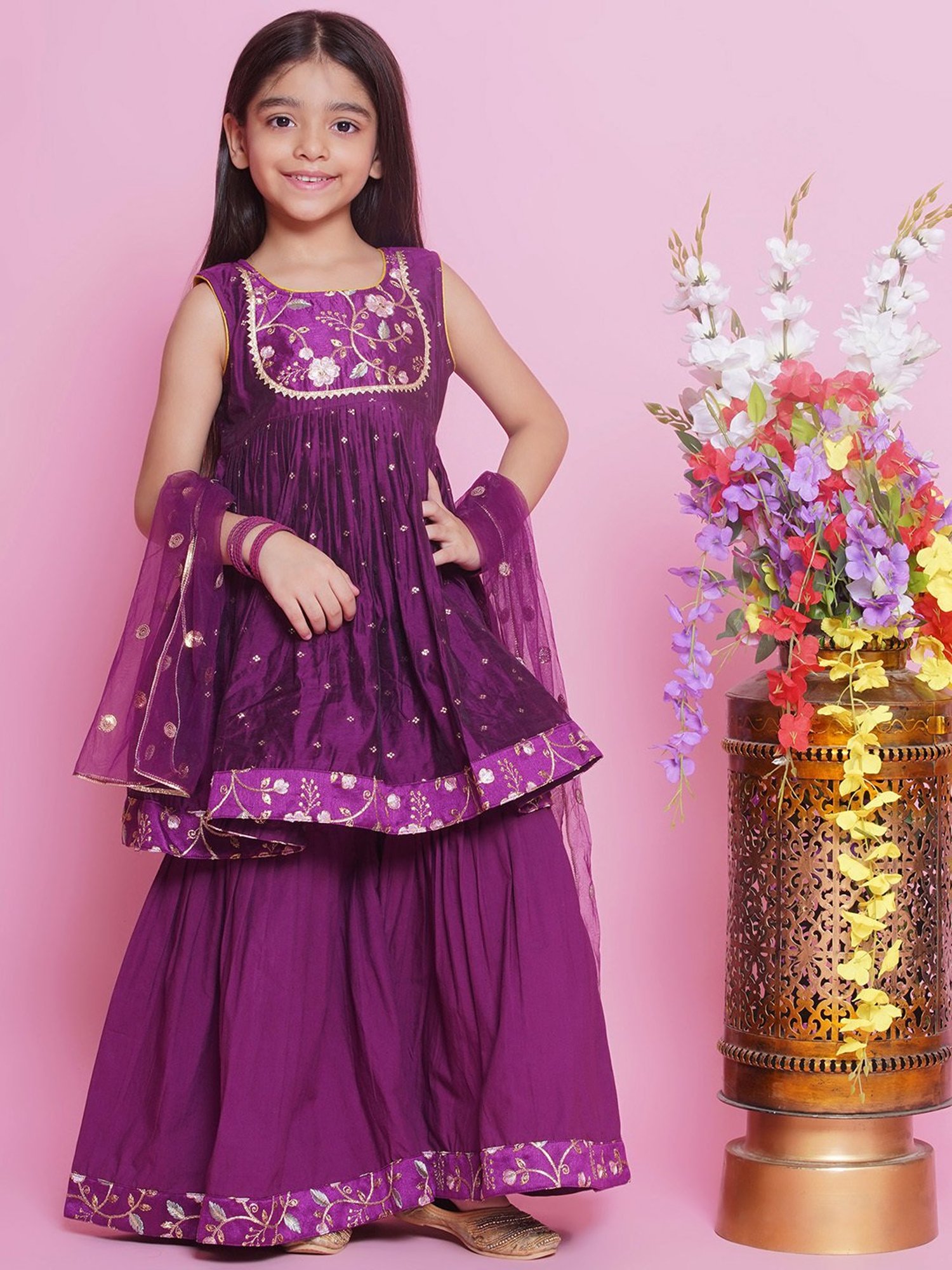 Little Bansi Girls Purple Embroidered Kurta, Sharara with Dupatta