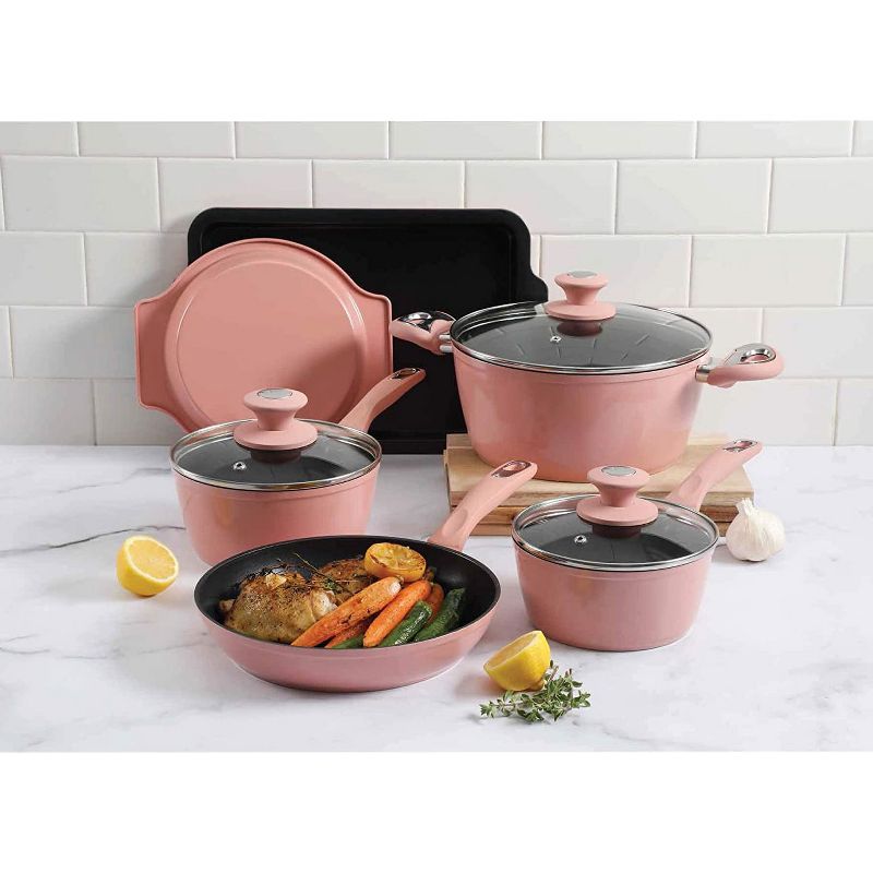 Oster 12 Piece  Forged Aluminum Induction Stove Top Non Stick Home Kitchen Frying Pan and Pot Cookware Set, Dusty Rose