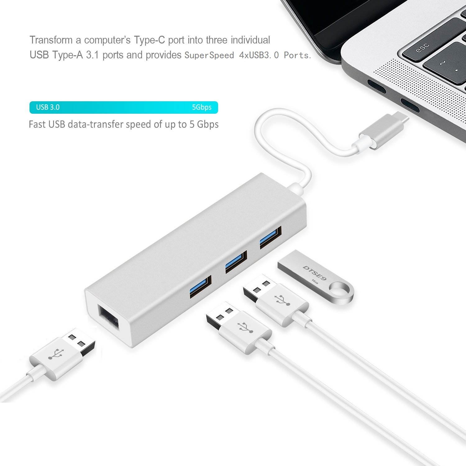 Type-C to 4 x USB3.0 HUB 5Gbps SuperSpeed Data Transmission, USB C Adapter with 4 USB 3.0 HUB. USB-C to 4 USB3.0 OTG HUB.