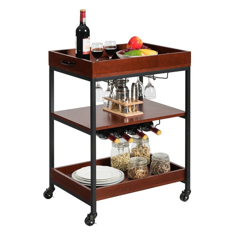 Costway 3 Tier Trolley Cart Kitchen Island Serving Bar Cart w/ Glass Holder & Wine Rack