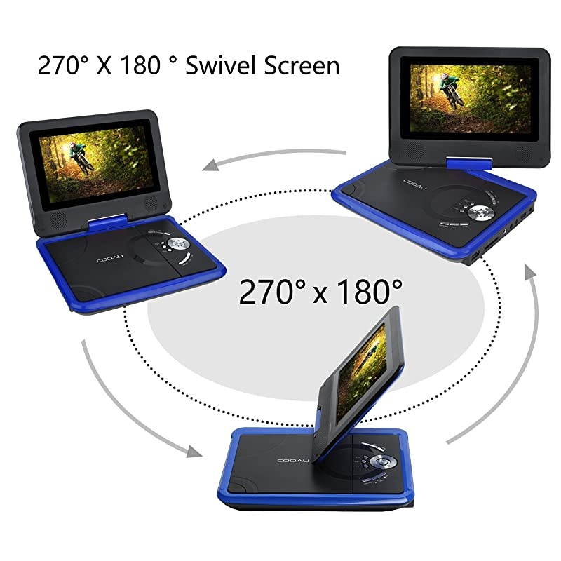 98 Portable DVD Player with 75 Swivel Screen 5 Hour Rechargeable Battery Support USBSD Card Direct Play in Formats AVIRMVBMP3JPEG Blue