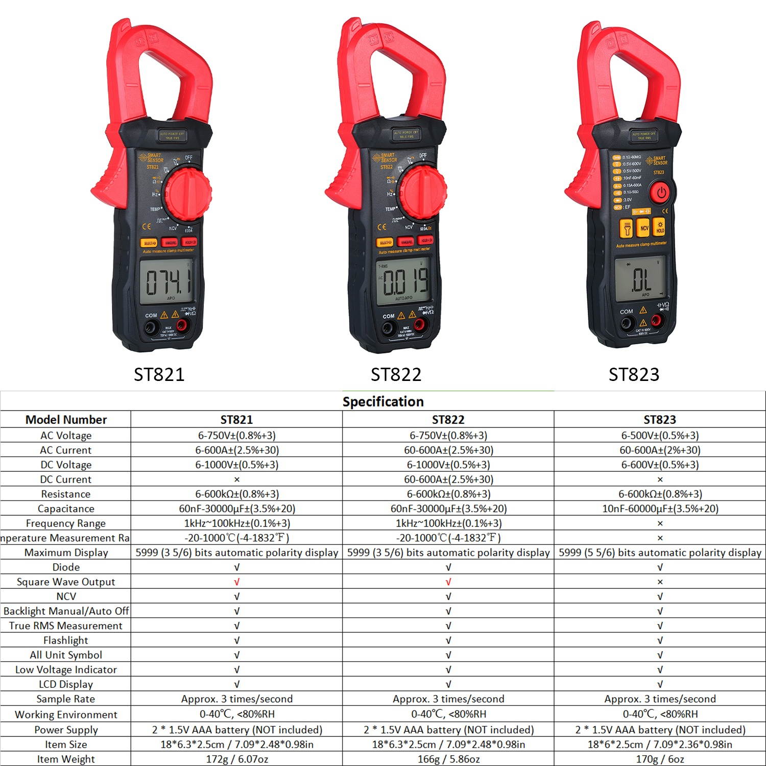 SMART SENSOR Digital Clamp Meter High Precision Manual Range Multimeter DC AC Clamp Ammeter Clamp Gauge ST822