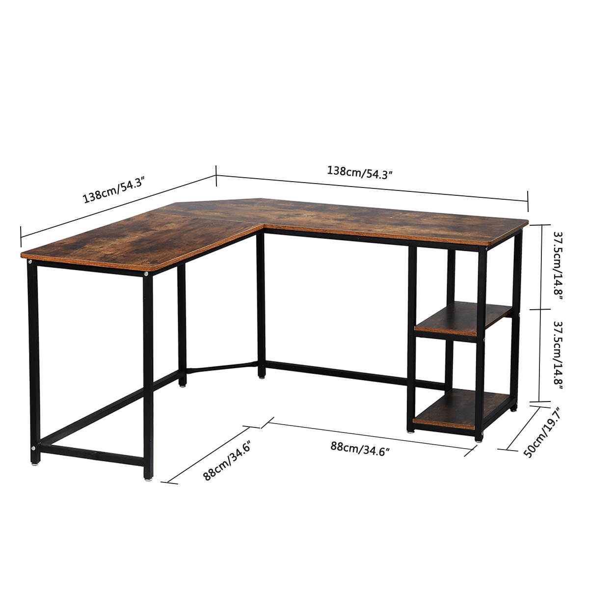 54.3" Industrial Rustic L Shaped Computer Desk with Shelves Home Office Gaming Table