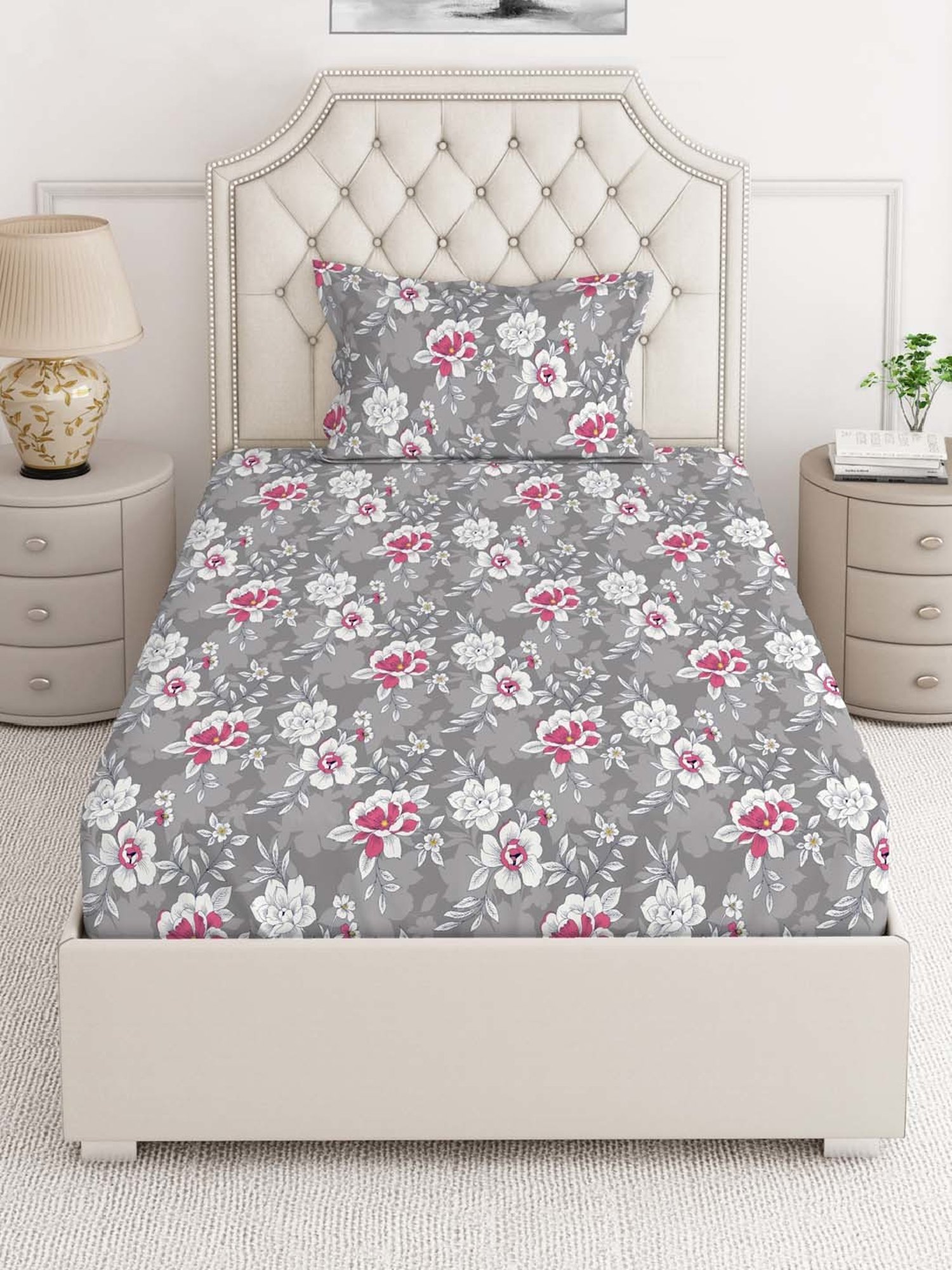 Layers Tuscany Grey Cotton 104 TC Single Flat Bed Sheet With 1 Pillow Cover