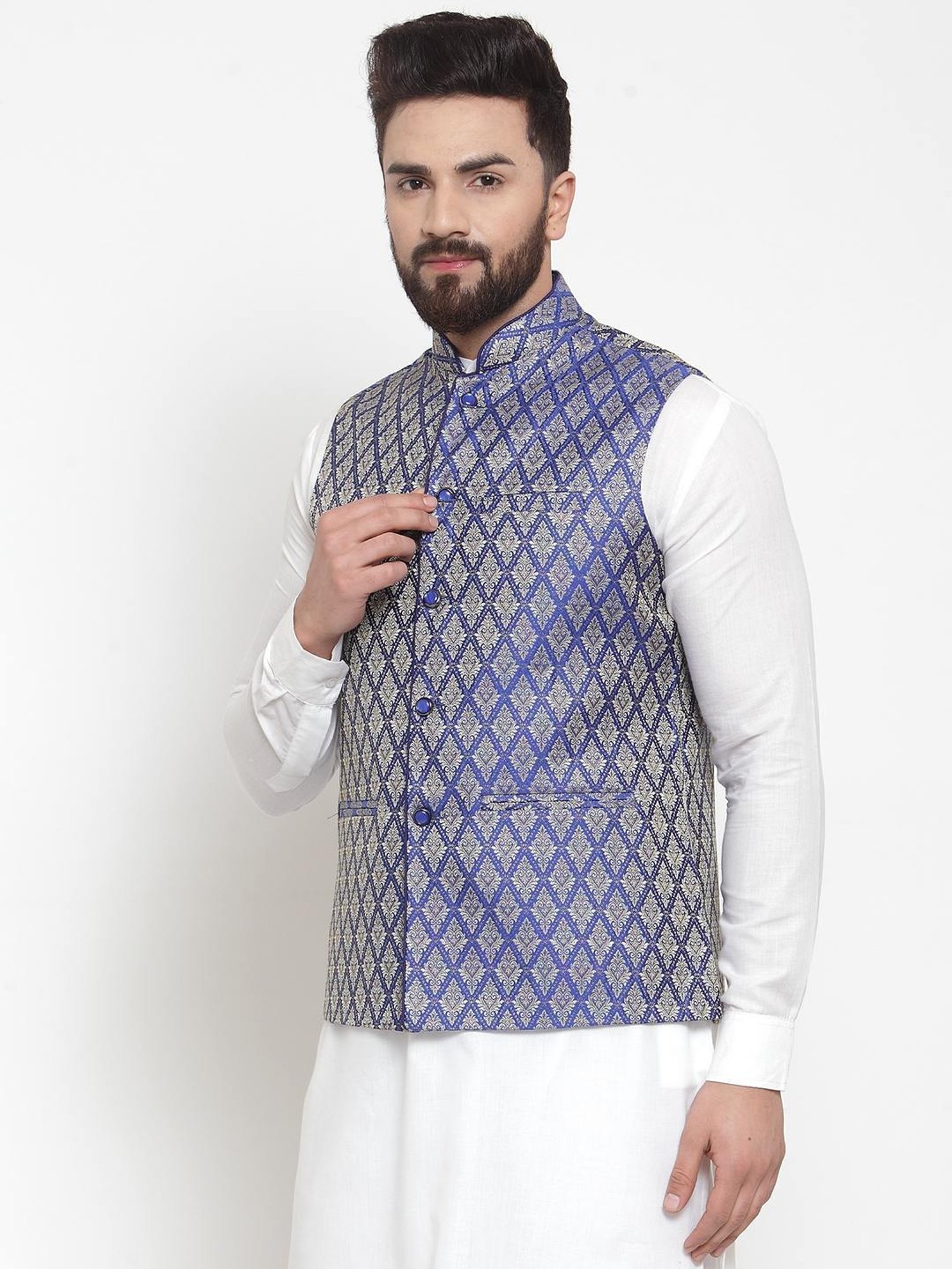 Treemoda Royal Blue Regular Fit Self Pattern Nehru Jacket
