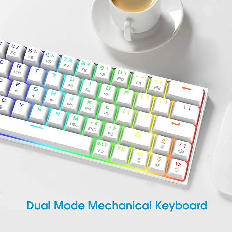 60% Keyboard with Dedicated Arrow Keys, White  DK63W Wireless Wired Mechanical Gaming Computer Keyboard True RGB Backlit Bluetooth 4.0 Programmable, N-Key Rollover for Windows Mac - Red Switch