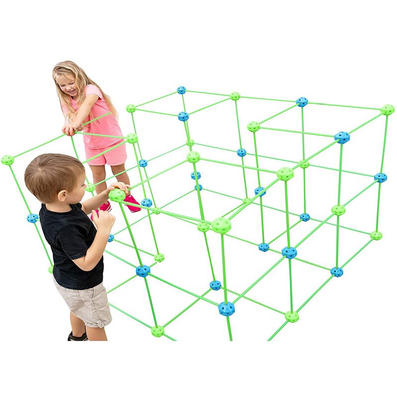 Funphix Glow in the Dark Jumbo Indoor and Outdoor Fort Building Construction Toy Play Kit with Poles, Balls, and 4 Long Sheets, 154 pieces