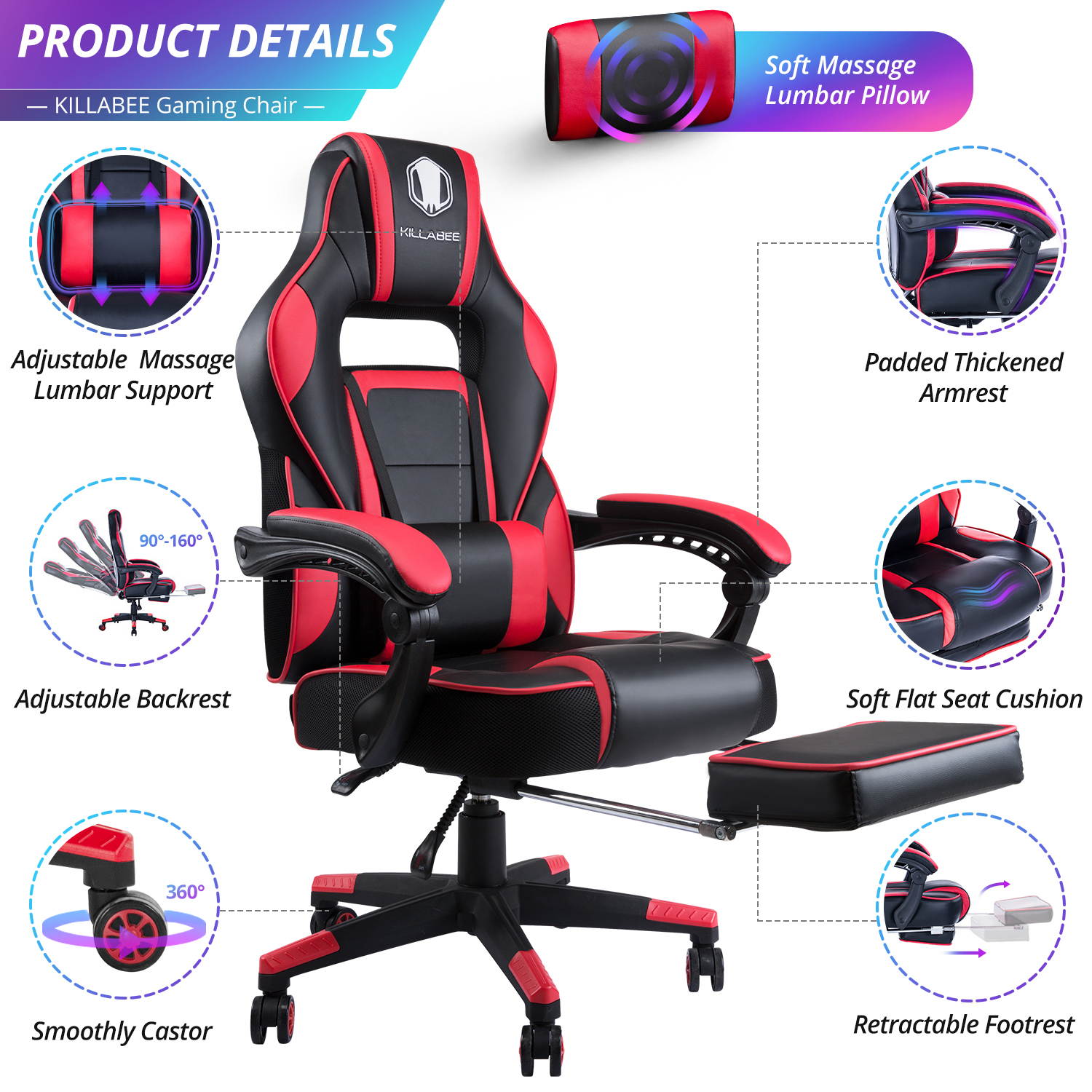 KILLABEE Massage Gaming Chair High Back PU Leather PC Racing Computer Desk Office Swivel Recliner with Retractable Footrest and Adjustable Lumbar Support