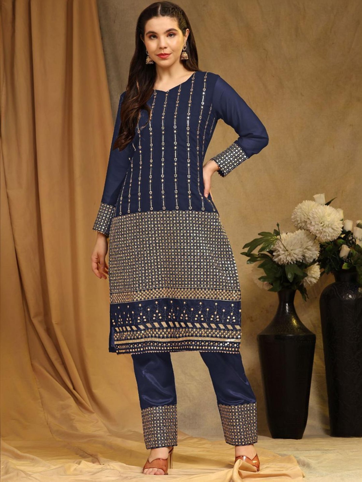 Odette Navy Embellished Unstitched Dress Material