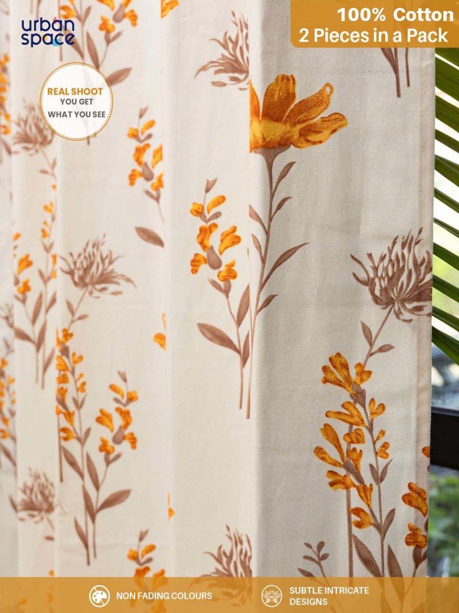 Urban Space Orchid Blooms Yellow Cotton Floral Printed Window Curtain - Set of 2