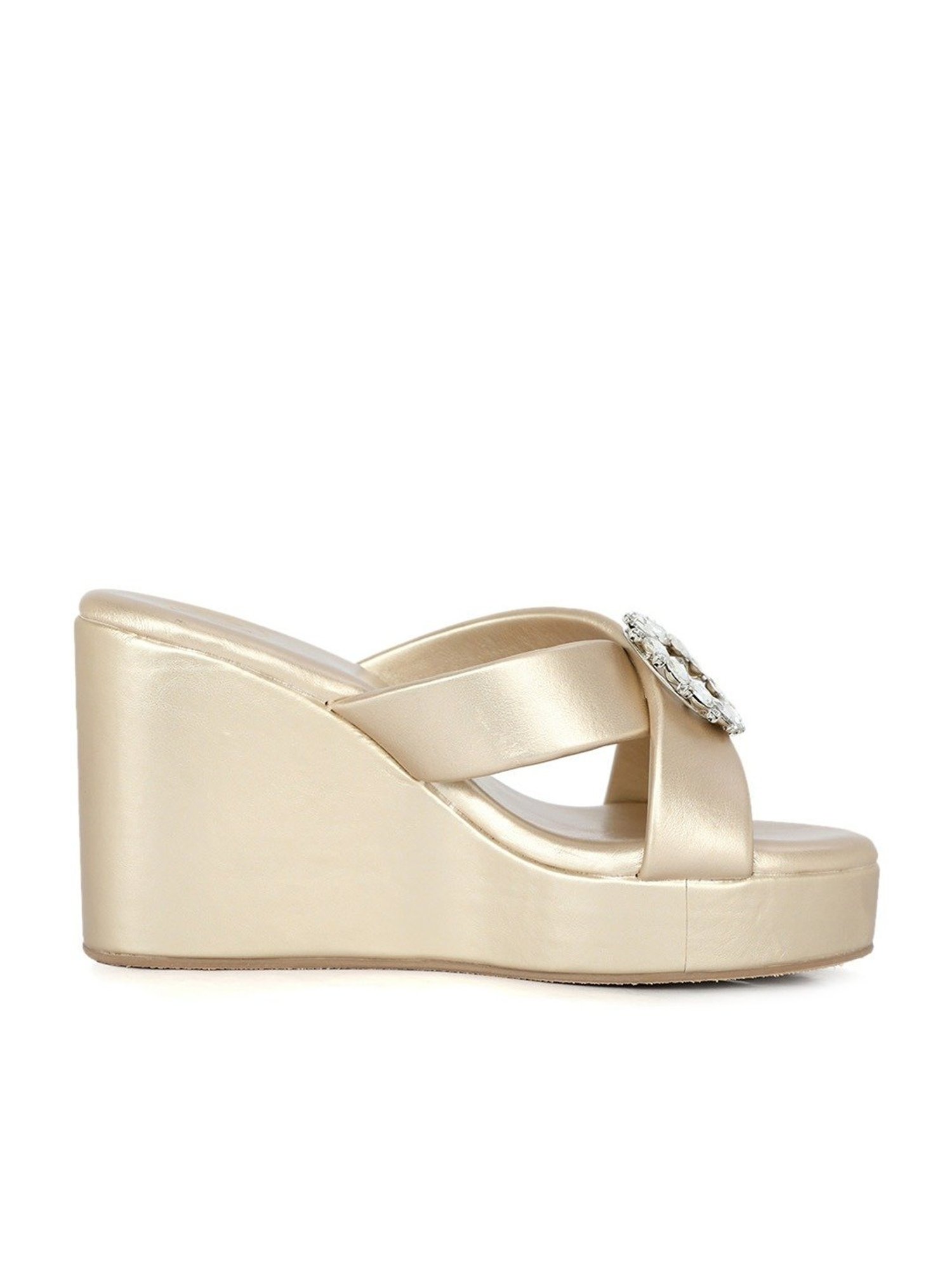 NR by Nidhi Rathi Women's Golden Cross Strap Wedges