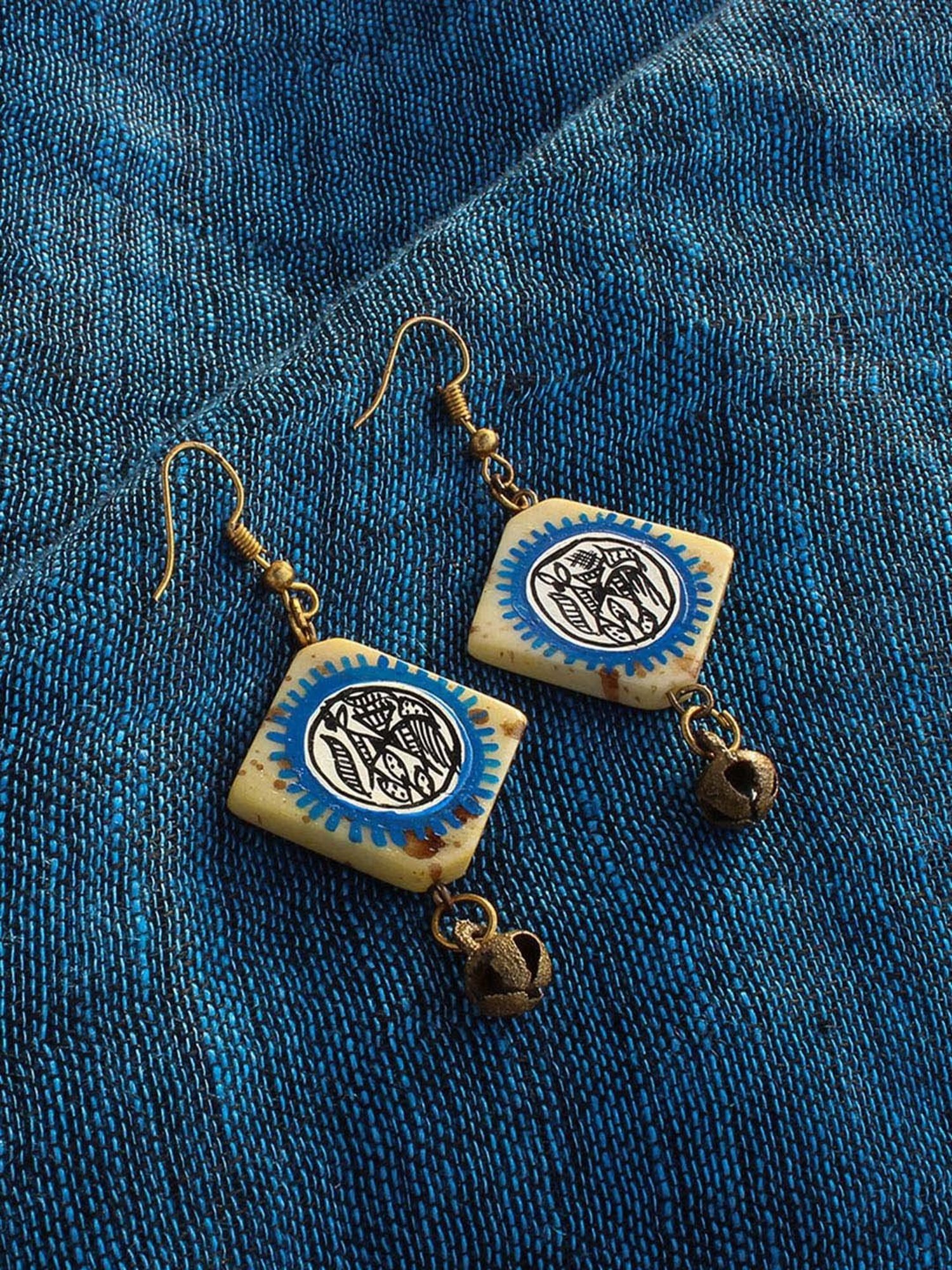 ExclusiveLane 'Tribal Warli Squares' Blue & Ivory Brass Resin Earrings Handpainted in Warli Art