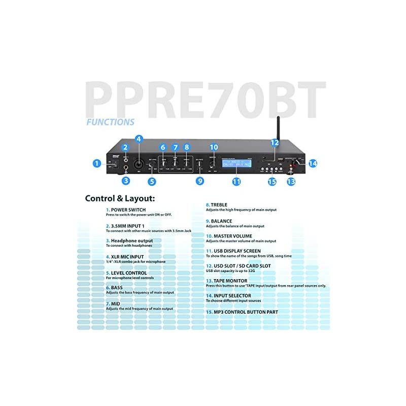 Rack Mount Studio PreAmplifier Audio Receiver System wDigital LCD Display Bluetooth FM Radio Recording Mode Remote Control USB Flash or SD Card Reader Input and Output Jack PPRE70BT