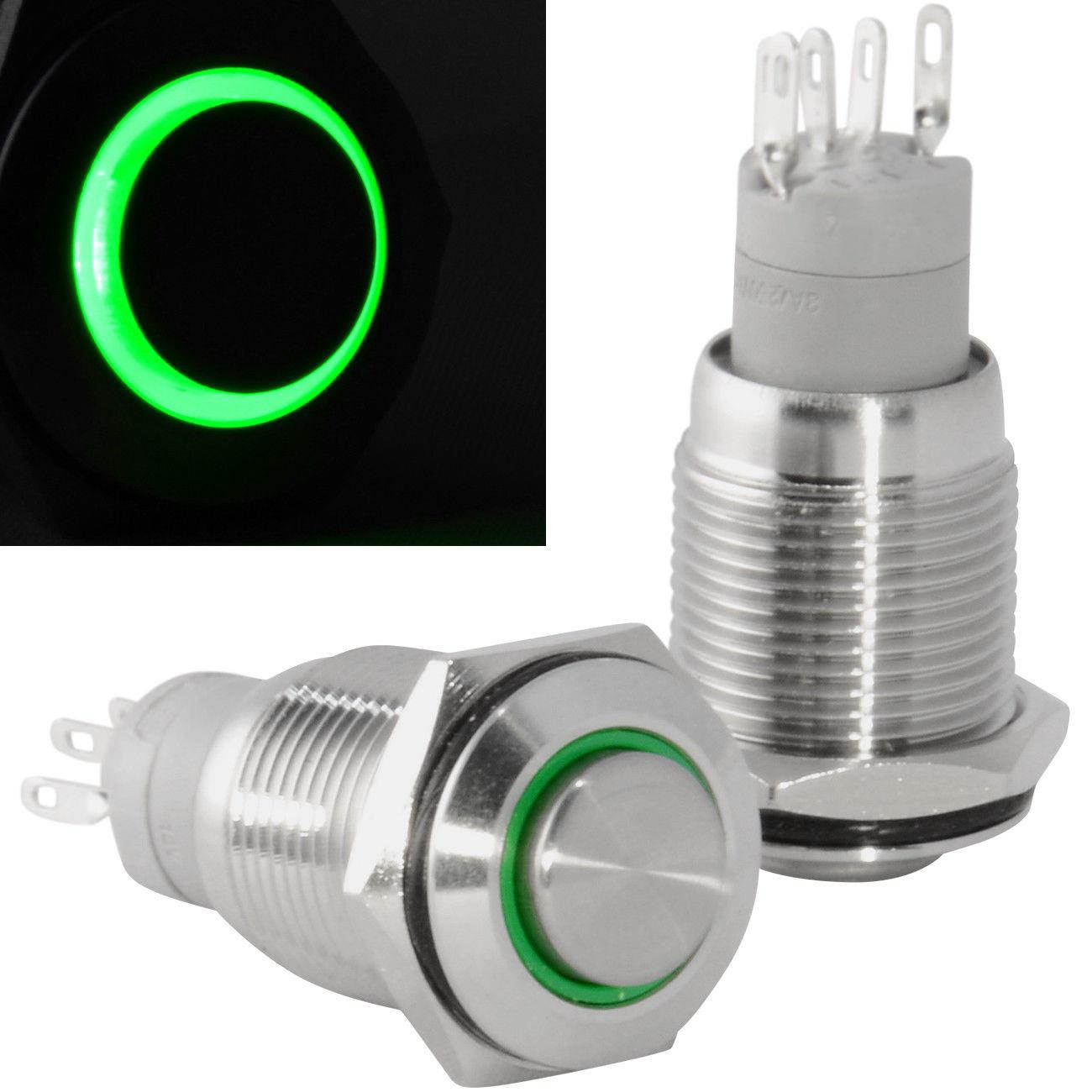 16mm Latching Push Button Power Switch Stainless Steel w/ Green LED Waterproof