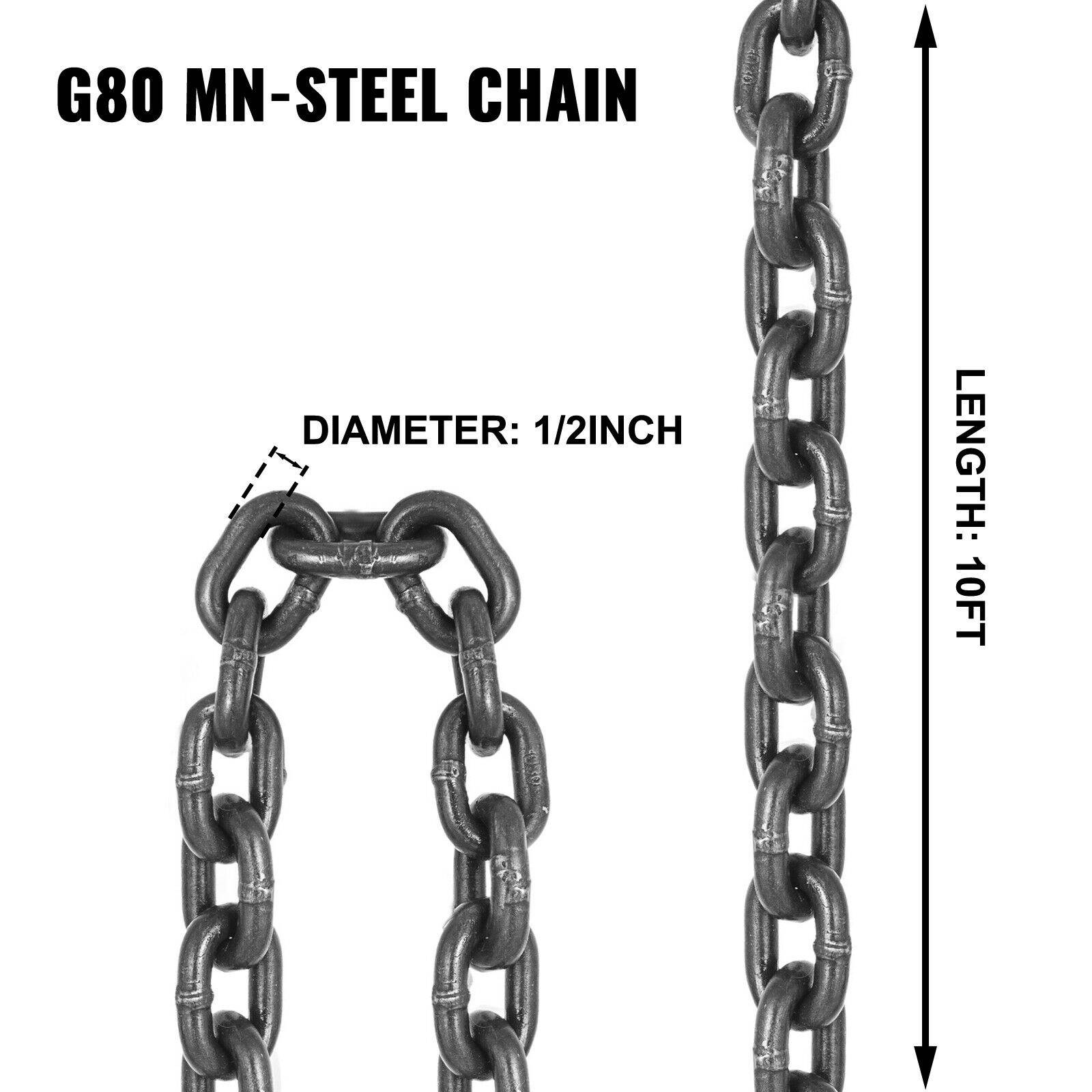 Chain Sling 1/2" x 10' G80 SOG Single Leg Grab Hooks Lifting Rigging