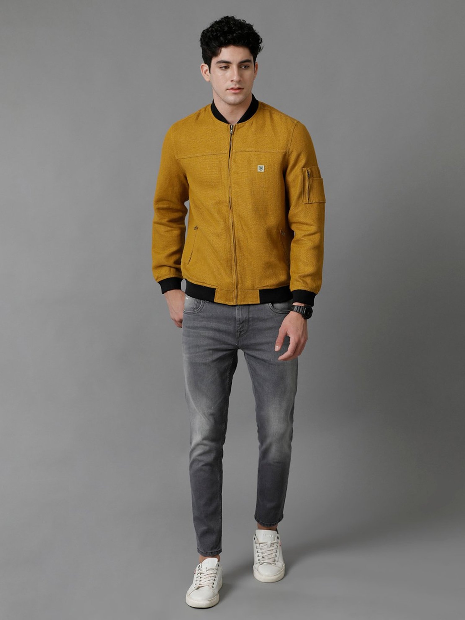 Linen Club Mustard Regular Fit Bomber Jacket