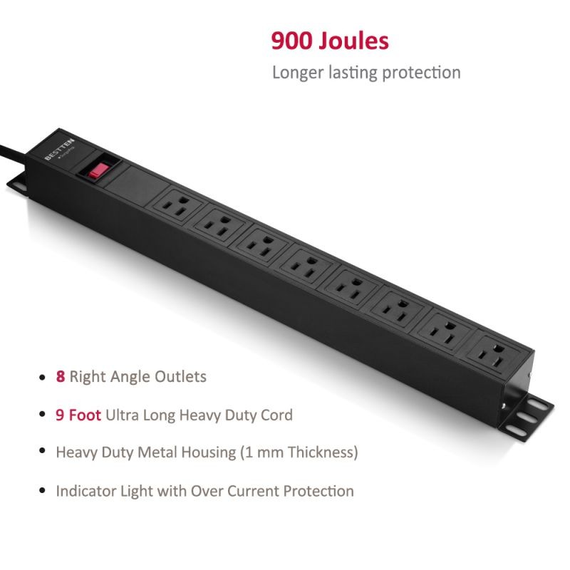 Bestten 8 Outlet Rack-Mount PDU, 1U/ 15A/125V, Aluminum Alloy 900J Surge Protector Power Strip, 9 Feet Cord, ETL Certified, Black