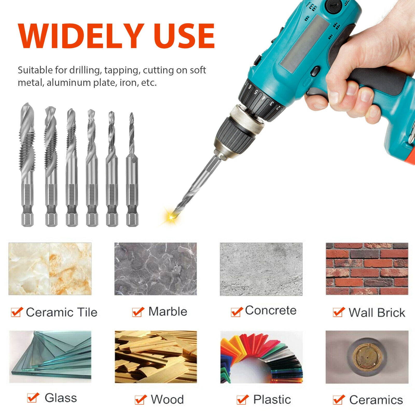 6 PCS M3-M10 1/4" Composite Hex Shank HSS Metric Screw Thread Tap Drill Bits Set