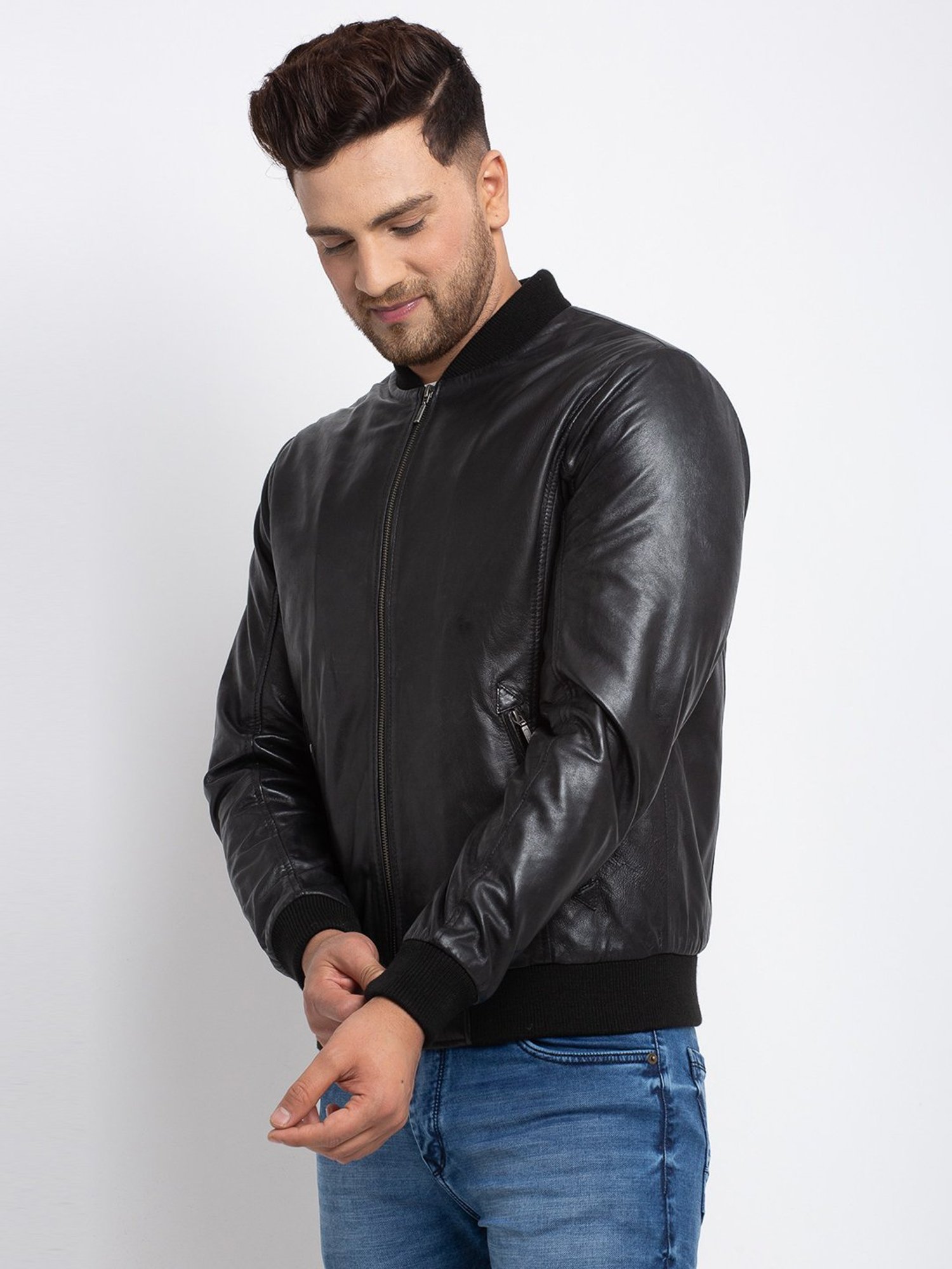 Teakwood Leathers Black Mandarin Collar Leather Jacket