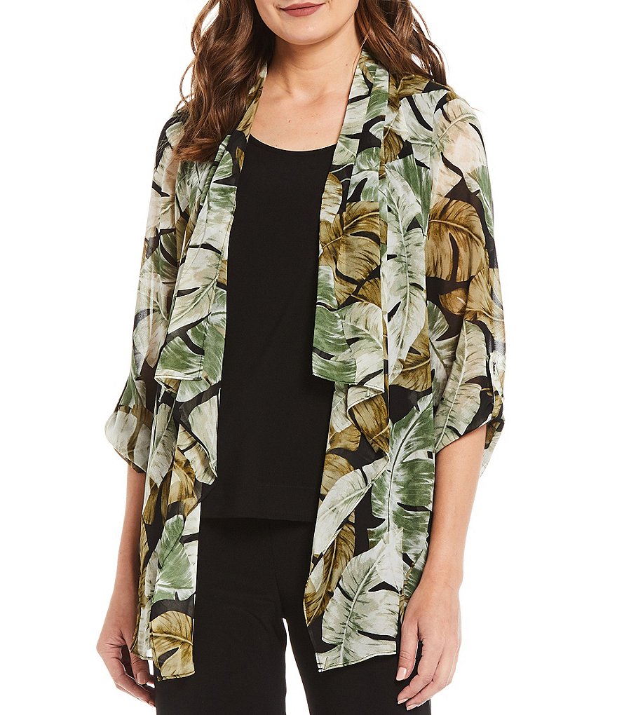 Ali Miles Petite Size Open Mesh Two Button Front 3/4 Sleeve Jacket