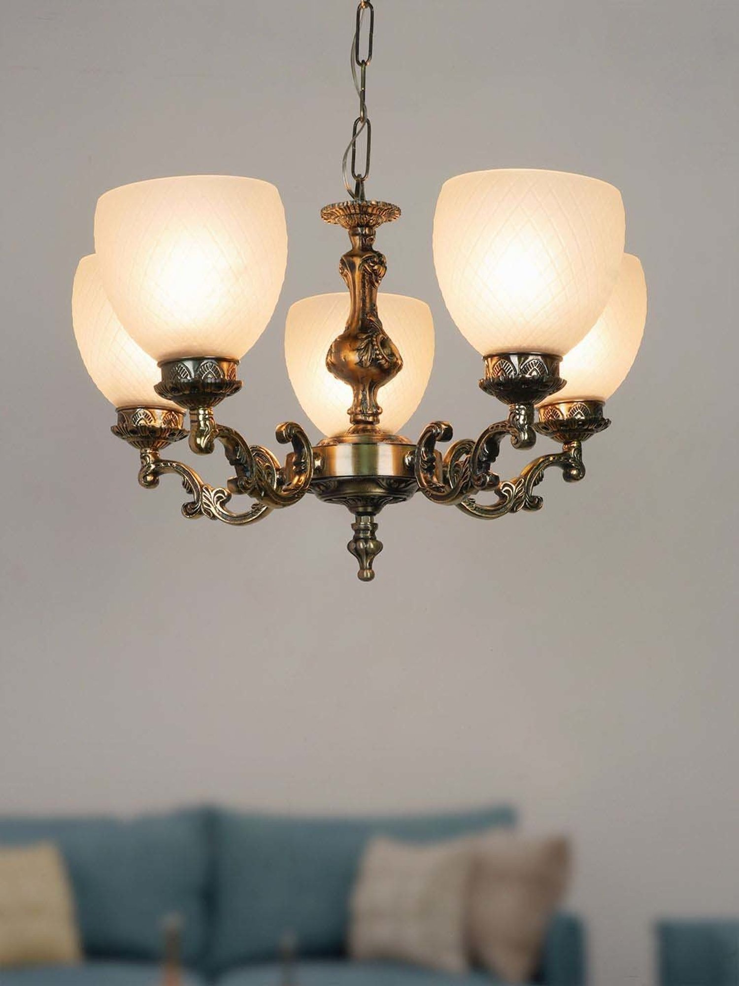 FOS LIGHTING White & Golden Aluminium 5-In-1 Diamond Chandelier With Glass Shade