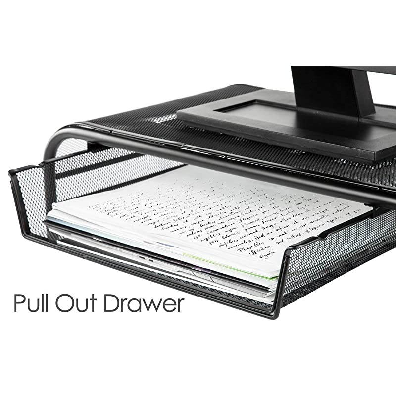 Monitor Stand Riser & Computer Desk Organizer Black Shelf - with Pull Out Drawer & Side Compartment - for Laptop, iMac, Screens, Keyboard & Printer Holder - Metal (Riser 1 Pack)