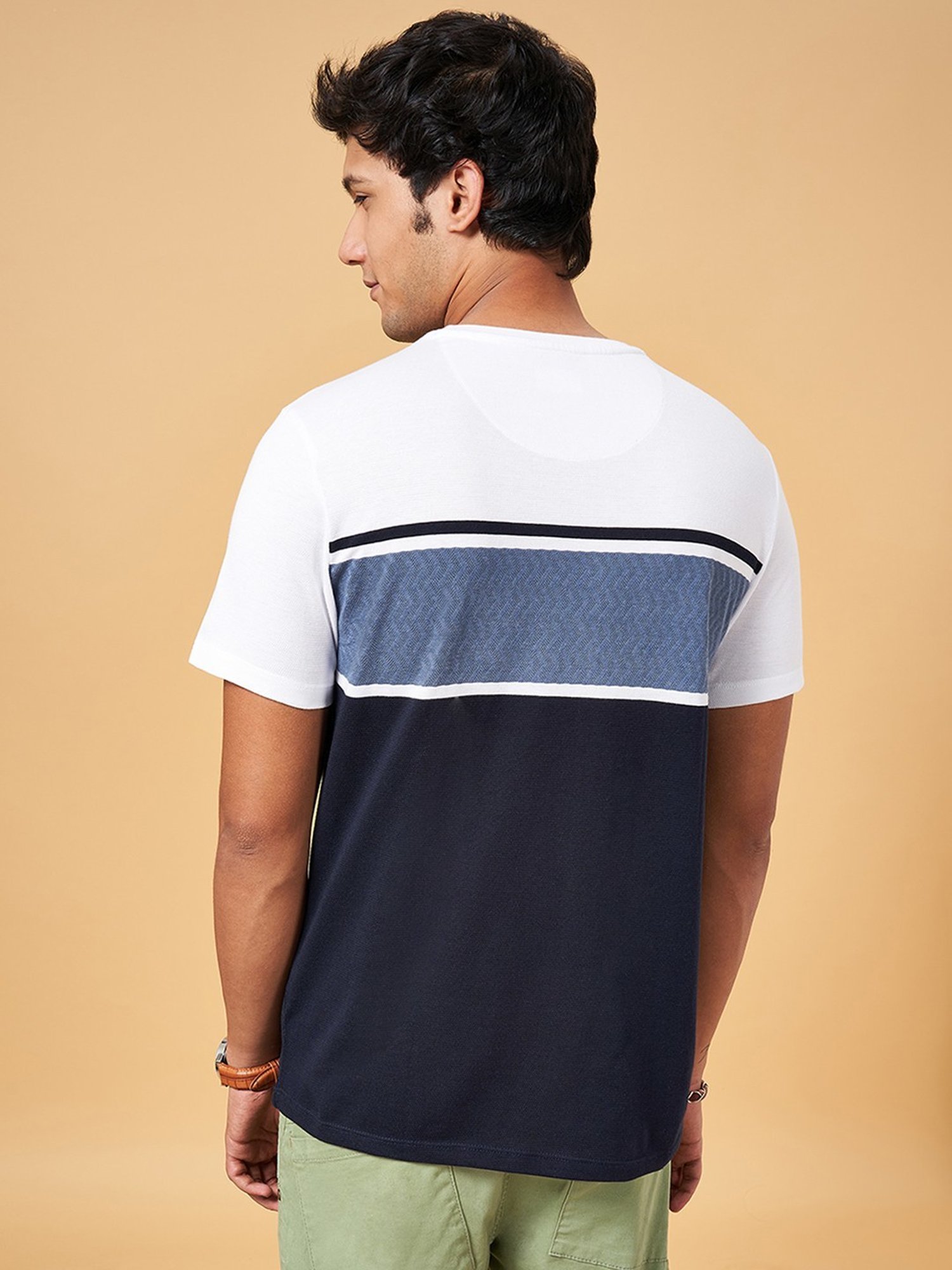 Urban Ranger by Pantaloons Navy & White Cotton Slim Fit Colour Block T-Shirt
