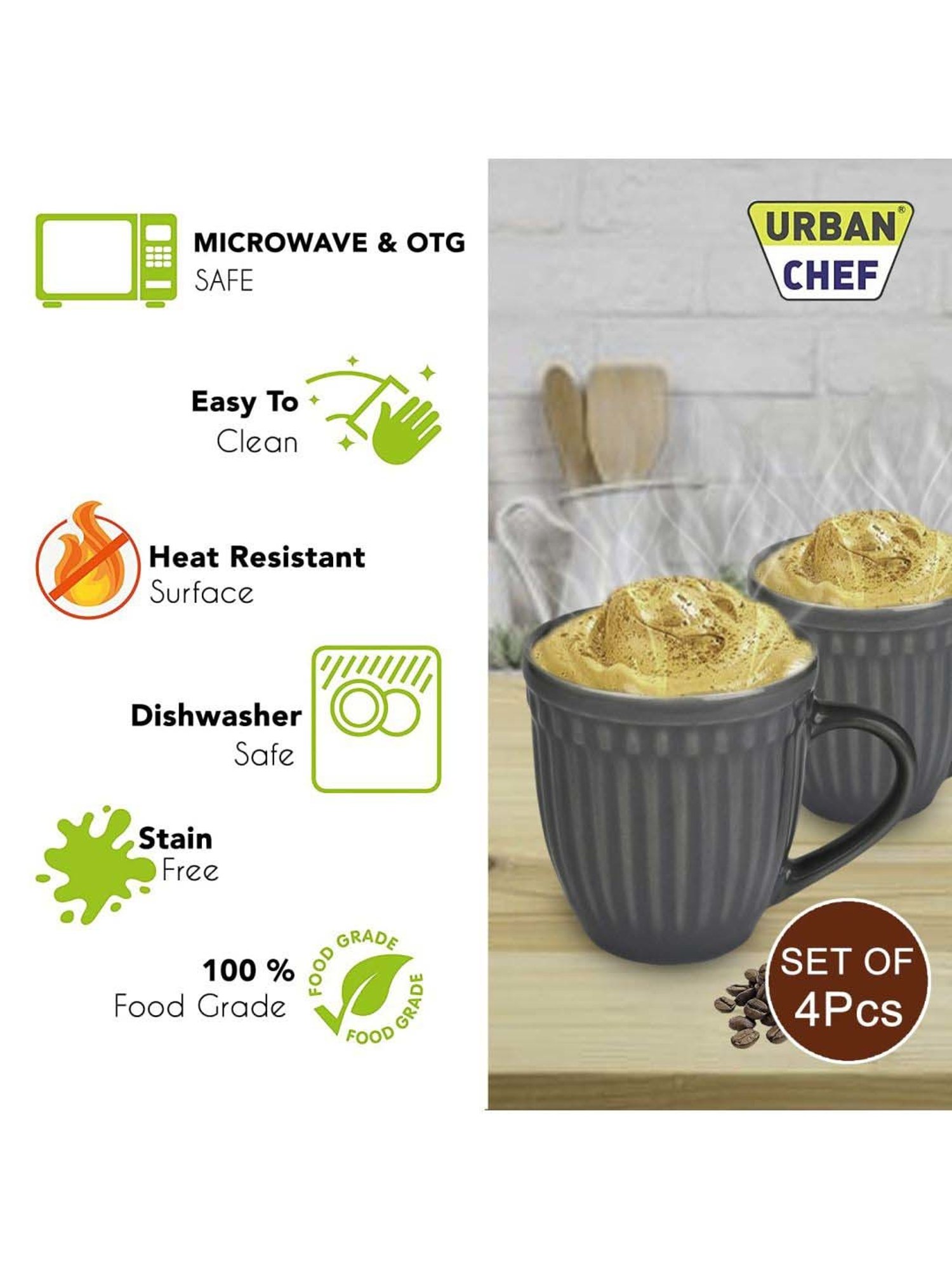 Urban Chef Grey & Brown Ceramic Handcrafted Microwave Safe Tea Cup - Set of 4