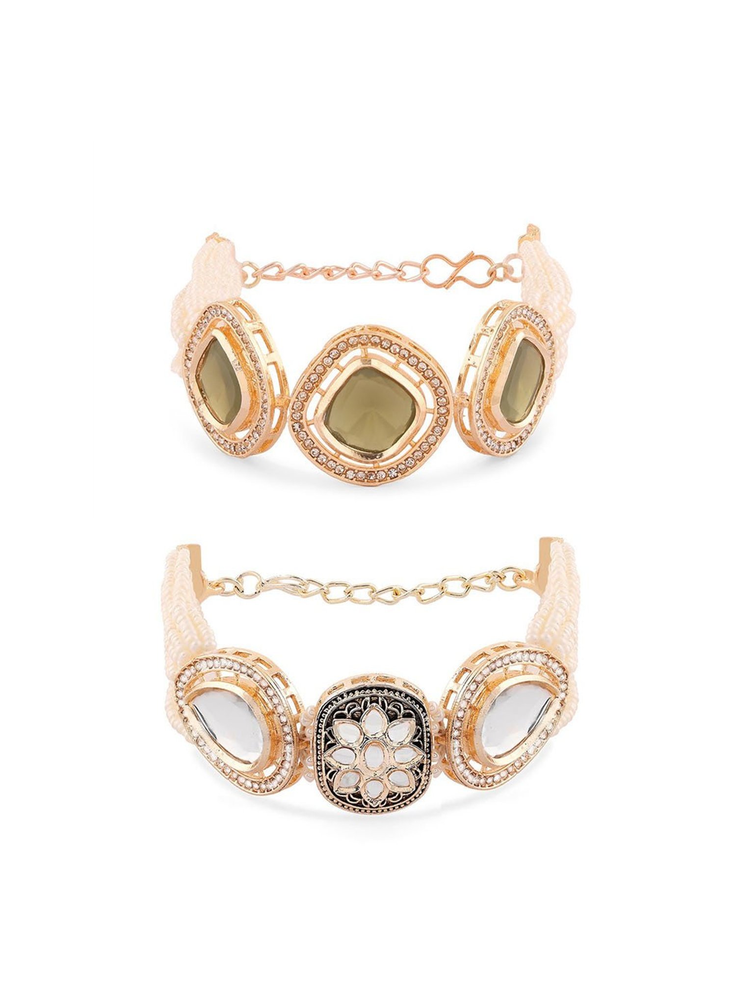 Zaveri Pearls Set of 2 Gold Tone & Green Multistrand Kundan & Beads Ethnic Bracelet-ZPFK16845