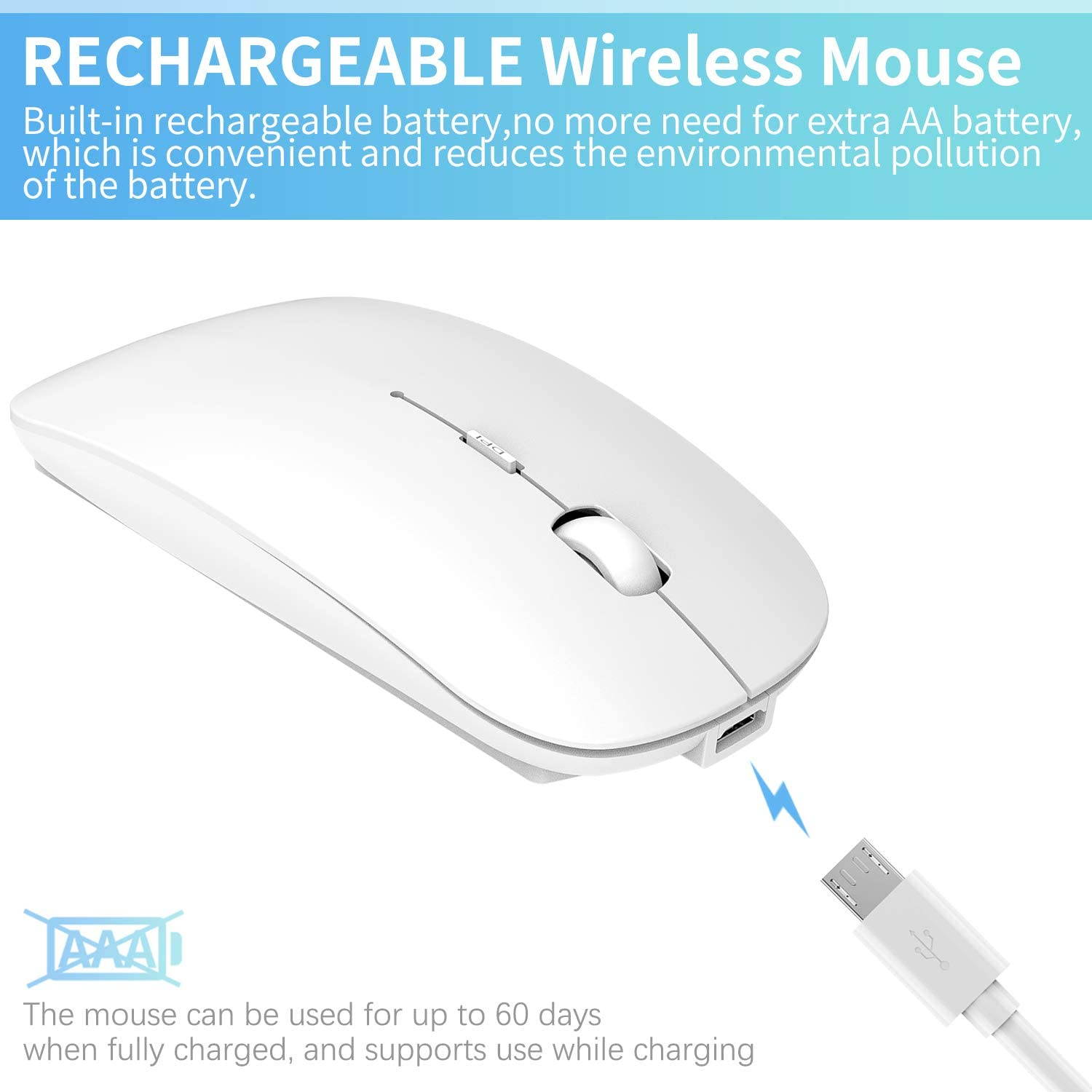 2.4GHz Wireless Bluetooth Mouse, 3 Adjustable DPI, Dual Mode Slim Rechargeable Wireless Mouse Silent USB Mice,Compatible for Laptop Windows Mac Android MAC PC Computer (Silver)