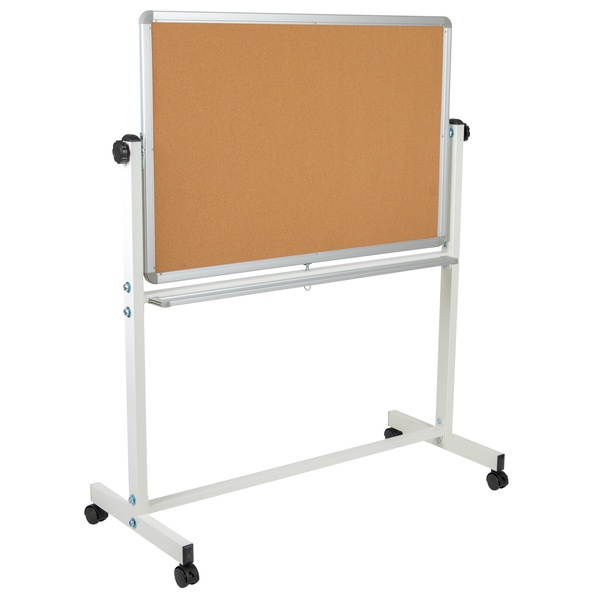 HERCULES Series 45.25"W x 54.75"H Reversible Mobile Cork Bulletin Board and White Board with Pen Tray
