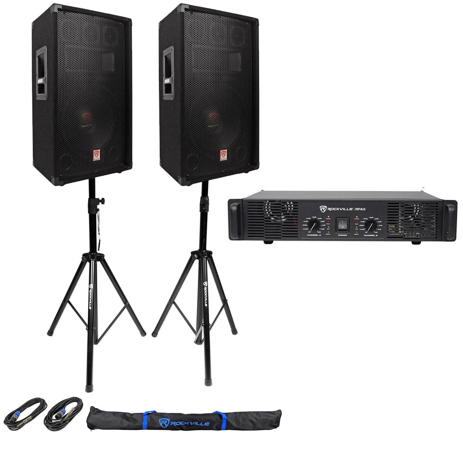2   RSG12.4 12&rdquo; 1000w DJ Speakers+RPA5 1000w Amplifier+Stands+Cables+Bag